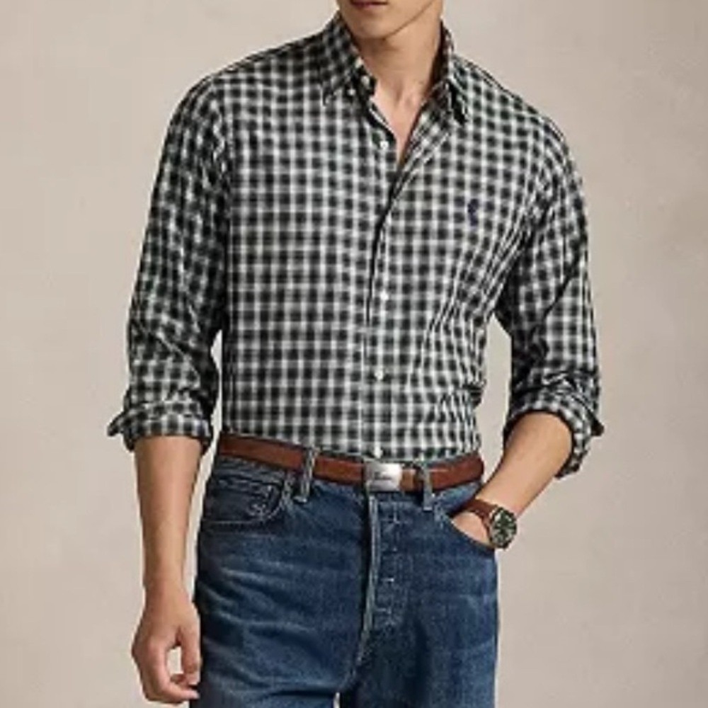 Ralph Lauren Men's Medium Plaid Button Down Shirt Navy Green Cotton Long Slv